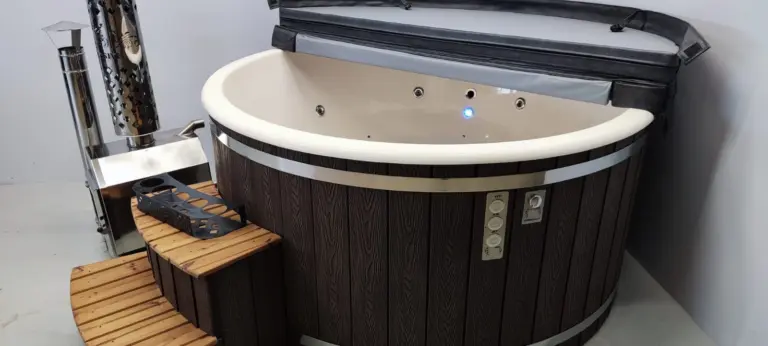 Classic round hot tub with an external stove