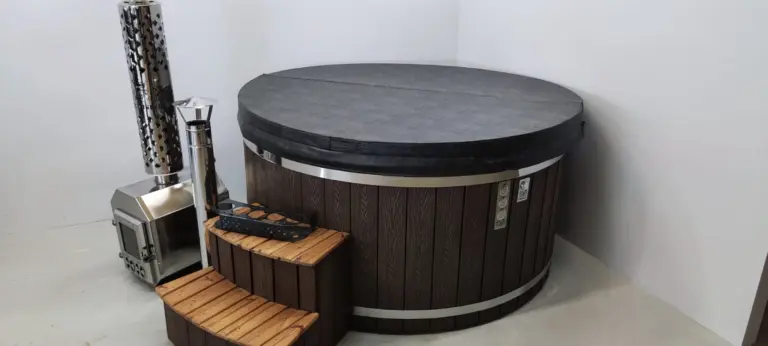 Classic round hot tub with an external stove